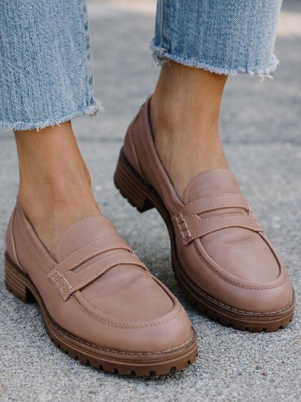 Women's Beige Blush Leather Penny Loafers with Lug Sole